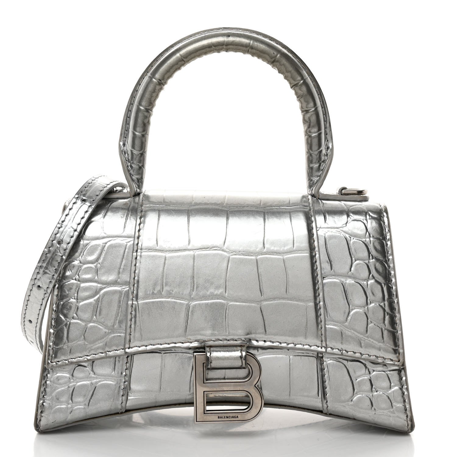 Balenciaga Metallic Calfskin Crocodile Embossed Hourglass Top Handle Bag XS Silver 1 of 12