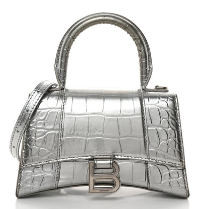 Balenciaga Metallic Calfskin Crocodile Embossed Hourglass Top Handle Bag XS Silver 1 of 12