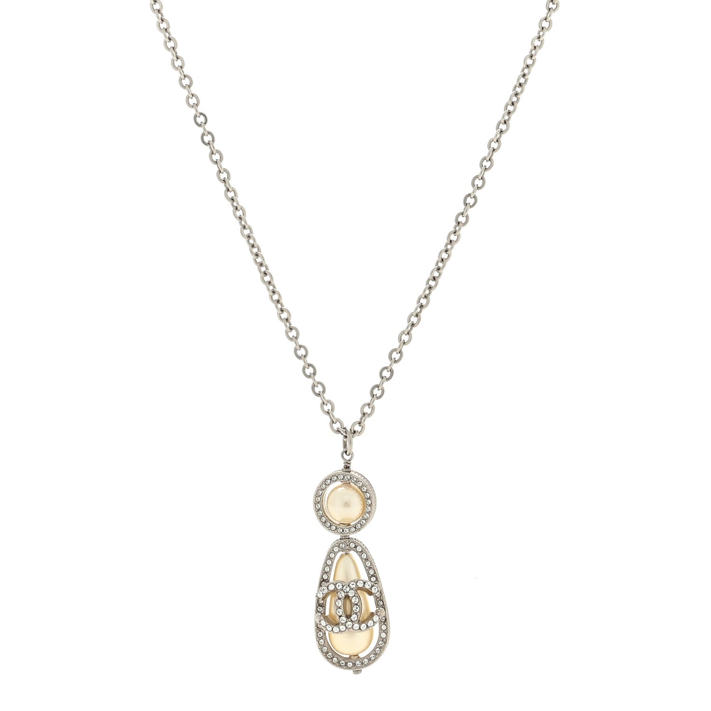 Crystal Pearl CC Necklace Silver