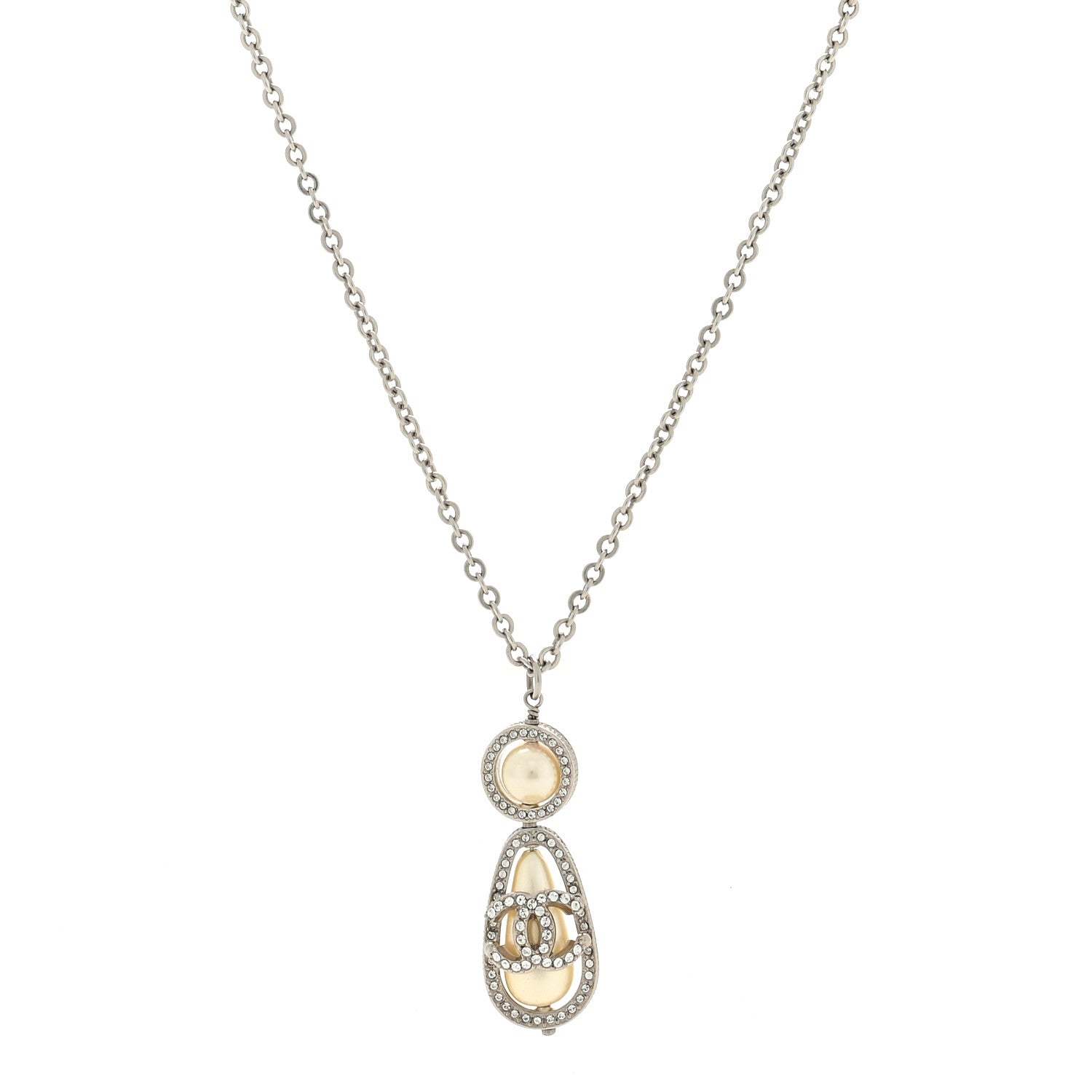 Chanel Crystal Pearl CC Necklace Silver 1 of 5