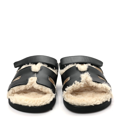 Hermes Calfskin Woolskin Womens Chypre Sandals 37 Black Ecru 2 of 8