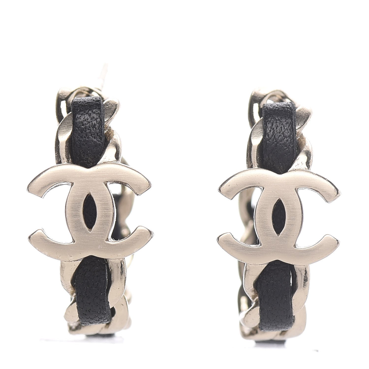 Chanel Lambskin CC Chain Hoop Earrings Matte Gold Black 1 of 5