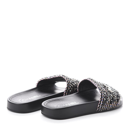 Chanel Tweed Lambskin Chain Flat Sandals 36 Black Multicolor 4 of 7