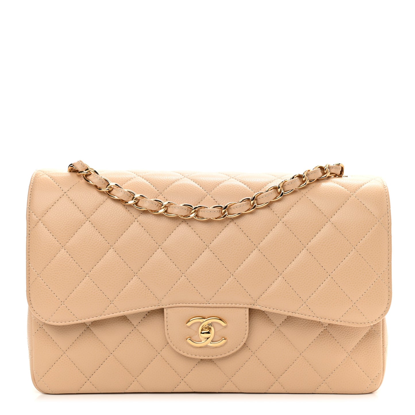 Caviar Quilted Jumbo Double Flap Beige
