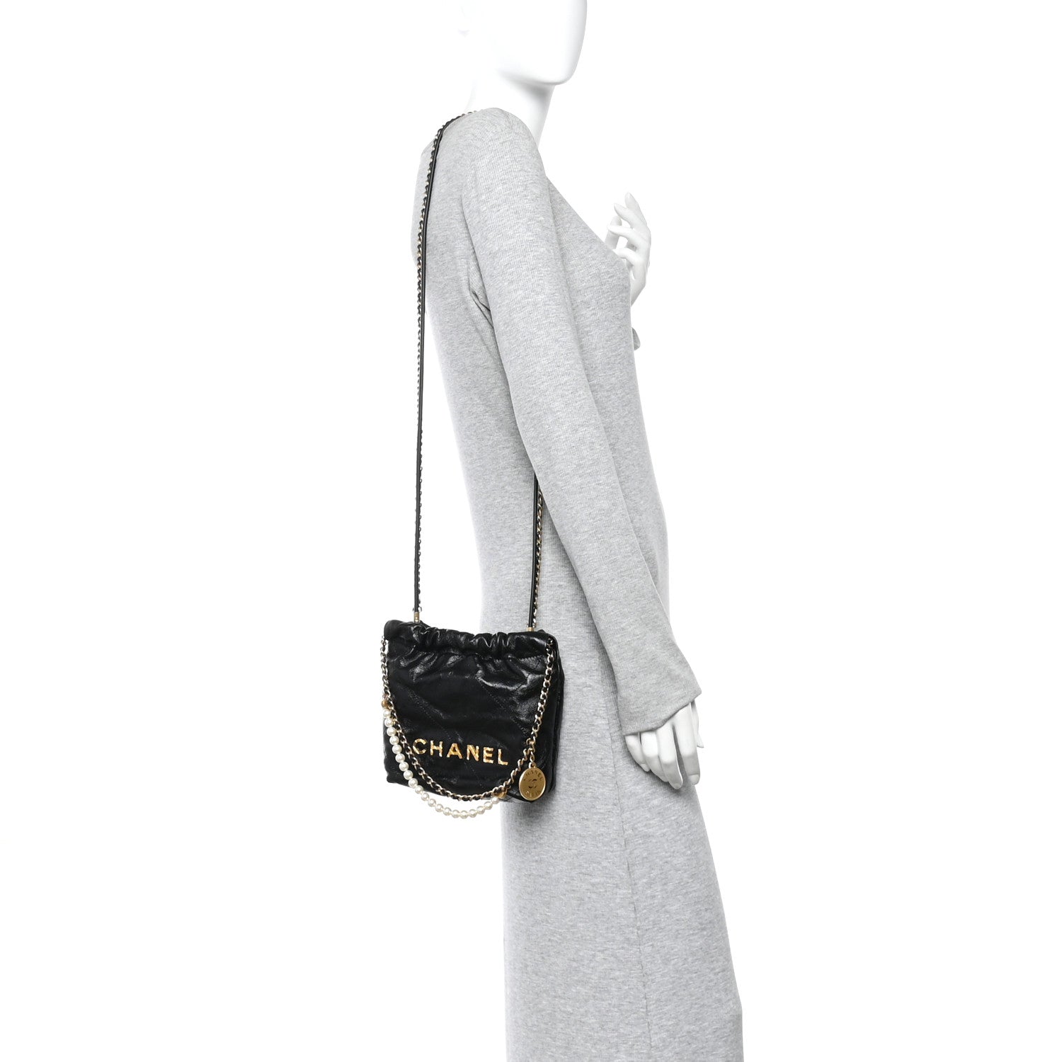 Chanel Shiny Crumpled Calfskin Quilted Pearl Mini Chanel 22 Black 3 of 12