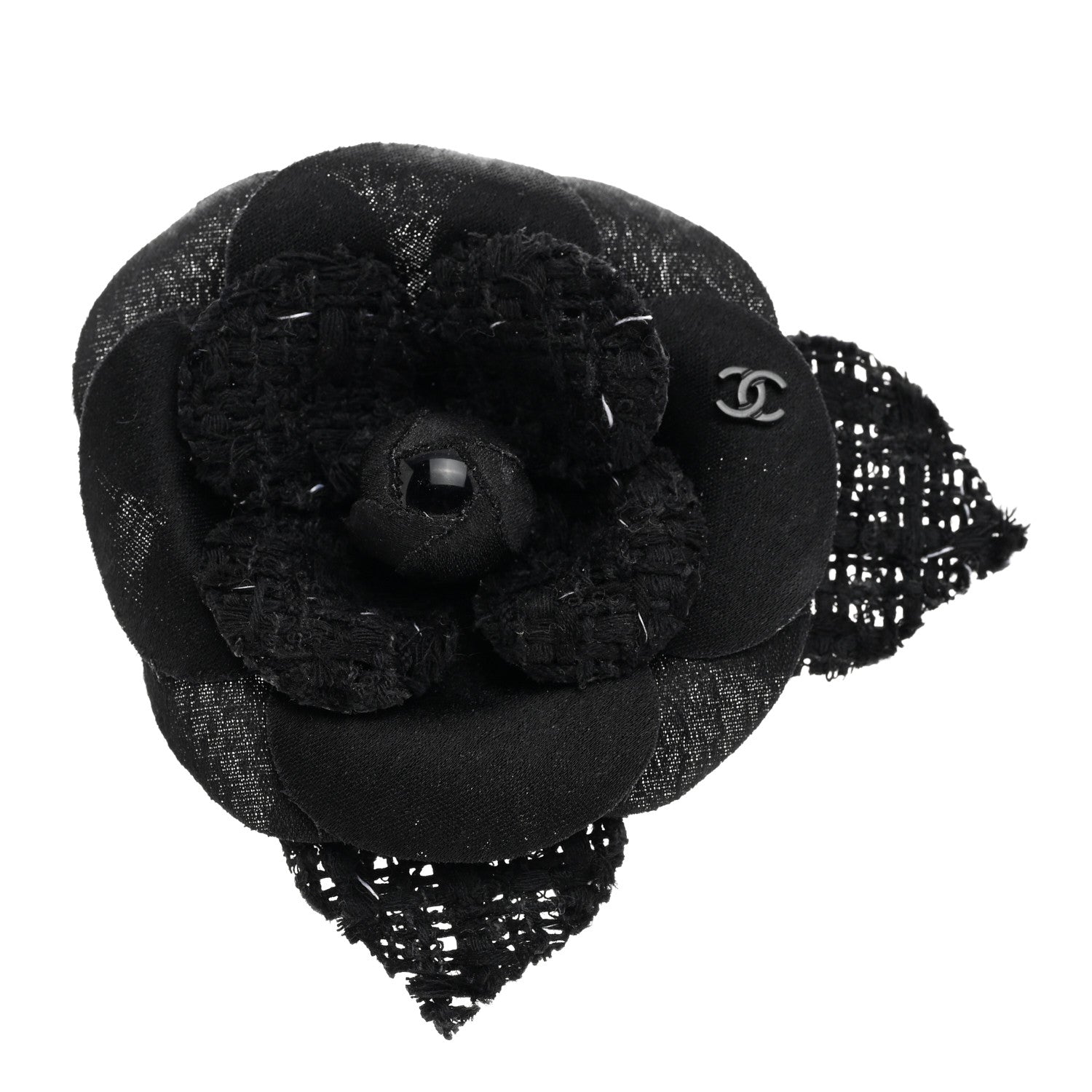 Chanel Tweed Fabric Camellia Pin Brooch Black 1 of 3