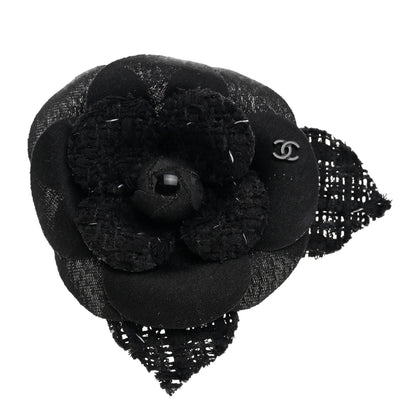 Chanel Tweed Fabric Camellia Pin Brooch Black 1 of 3