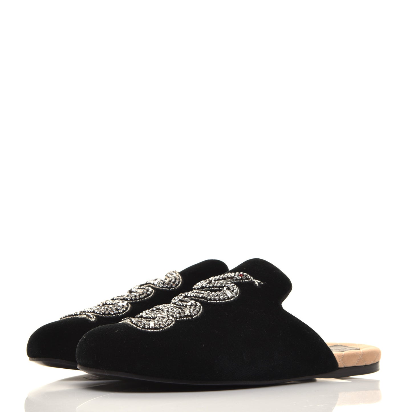 Velvet Crystal Snake Embroidered Womens Slippers 38 Black