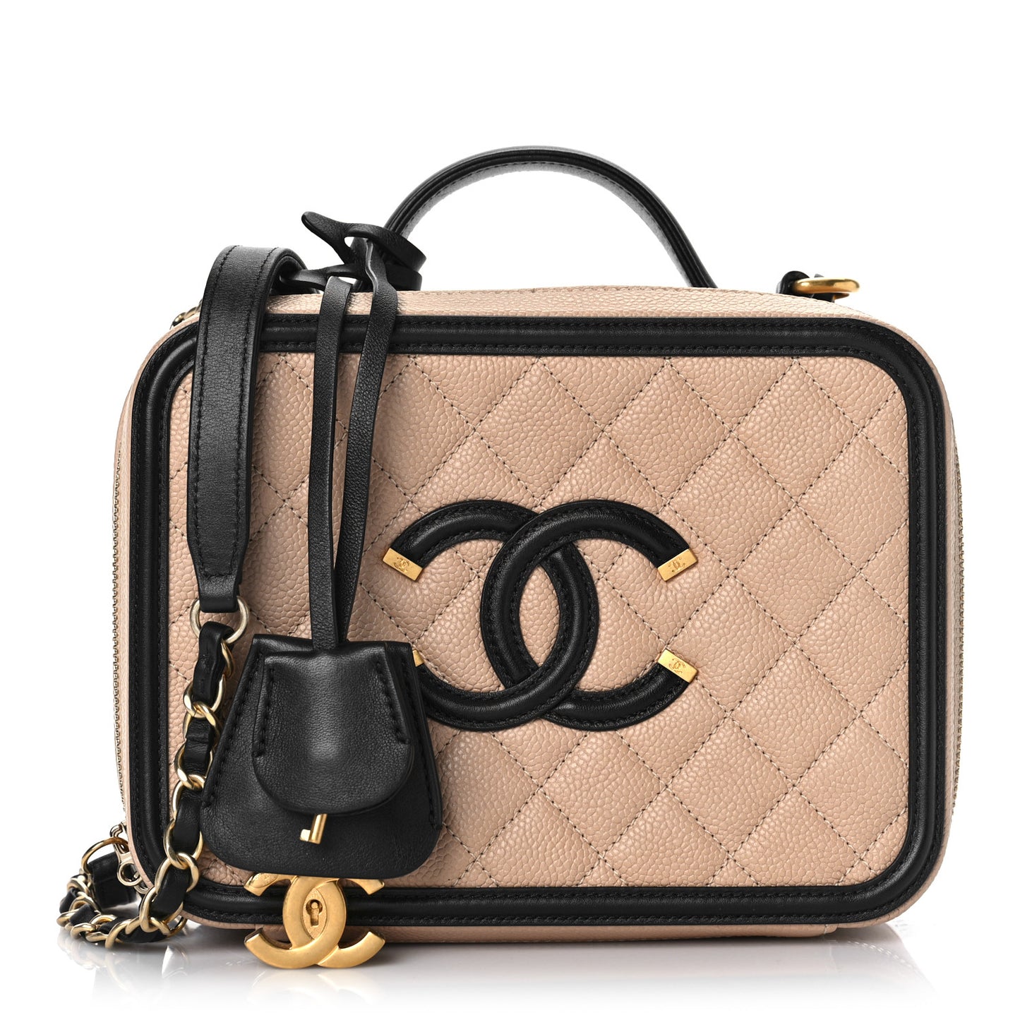 Caviar Quilted Medium CC Filigree Vanity Case Beige Black