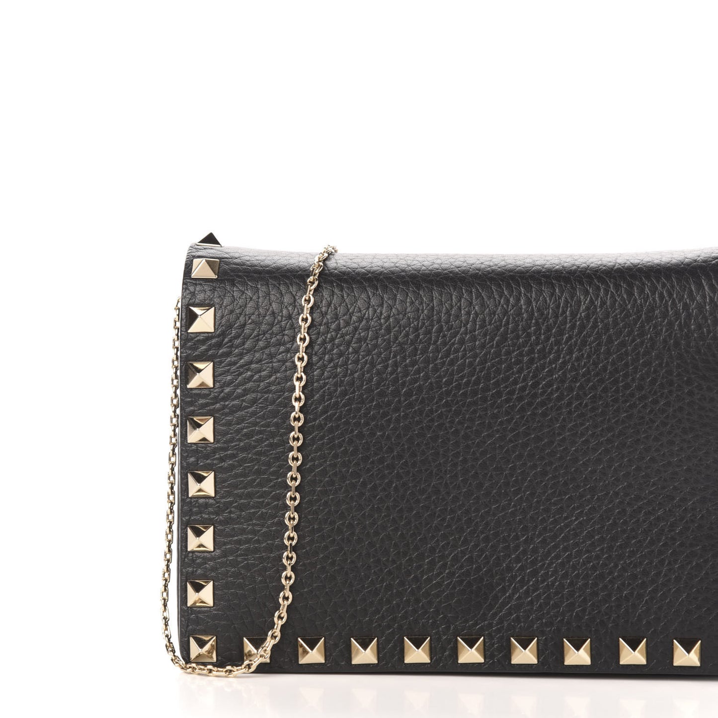 Pebbled Calfskin Rockstud Wallet on Chain Black