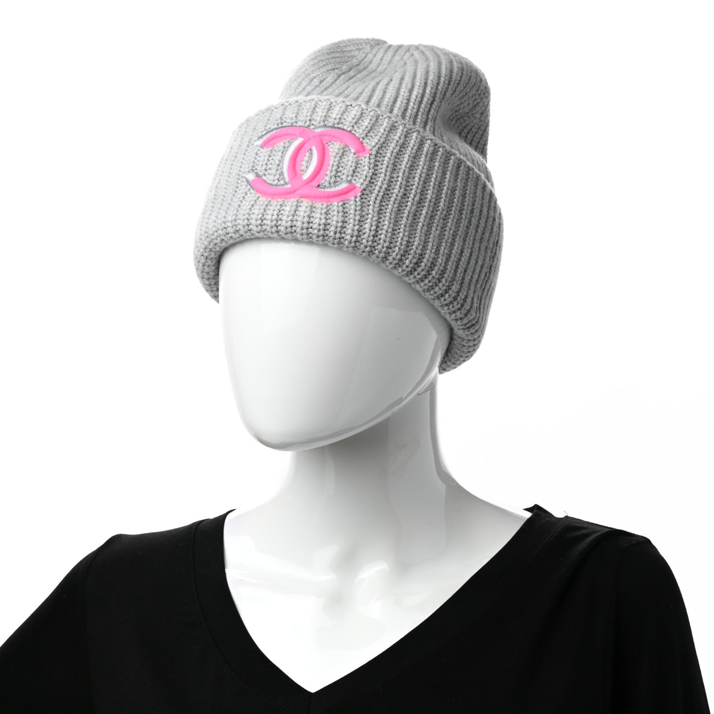Wool Cashmere CC Beanie Hat Light Grey Fuchsia