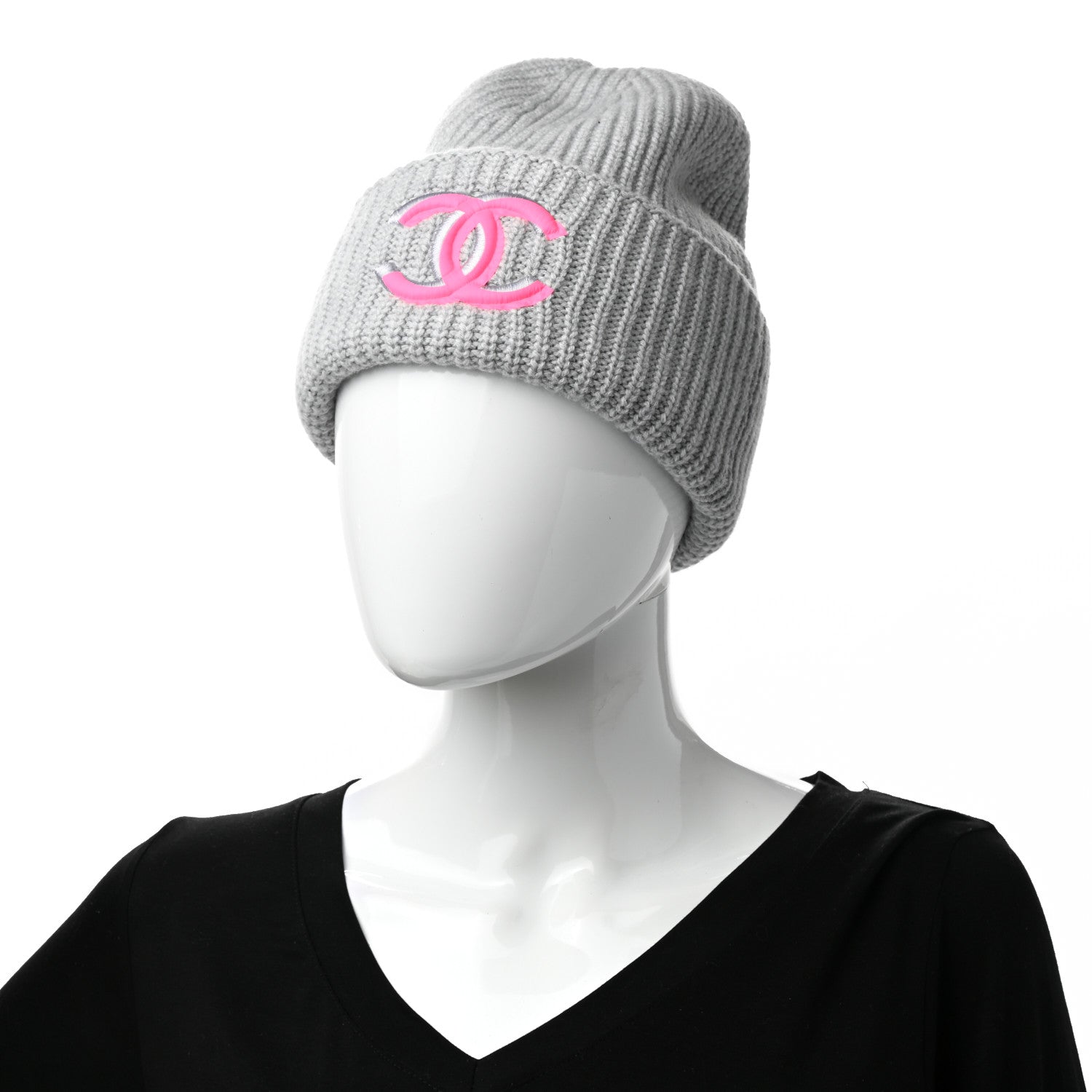 Chanel Wool Cashmere CC Beanie Hat Light Grey Fuchsia 2 of 5