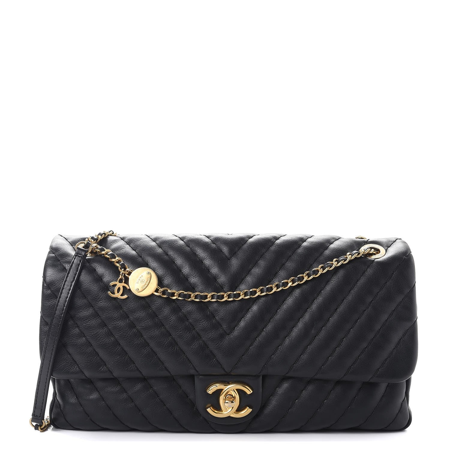 Chanel Calfskin Surpique Chevron Large Flap Black 1 of 8