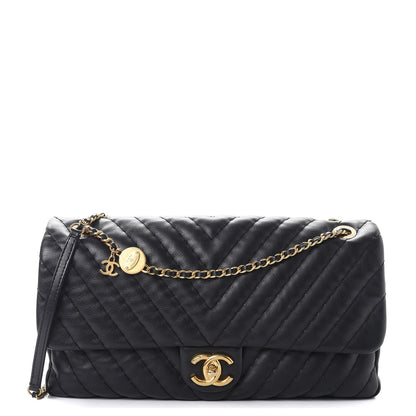 Chanel Calfskin Surpique Chevron Large Flap Black 1 of 8