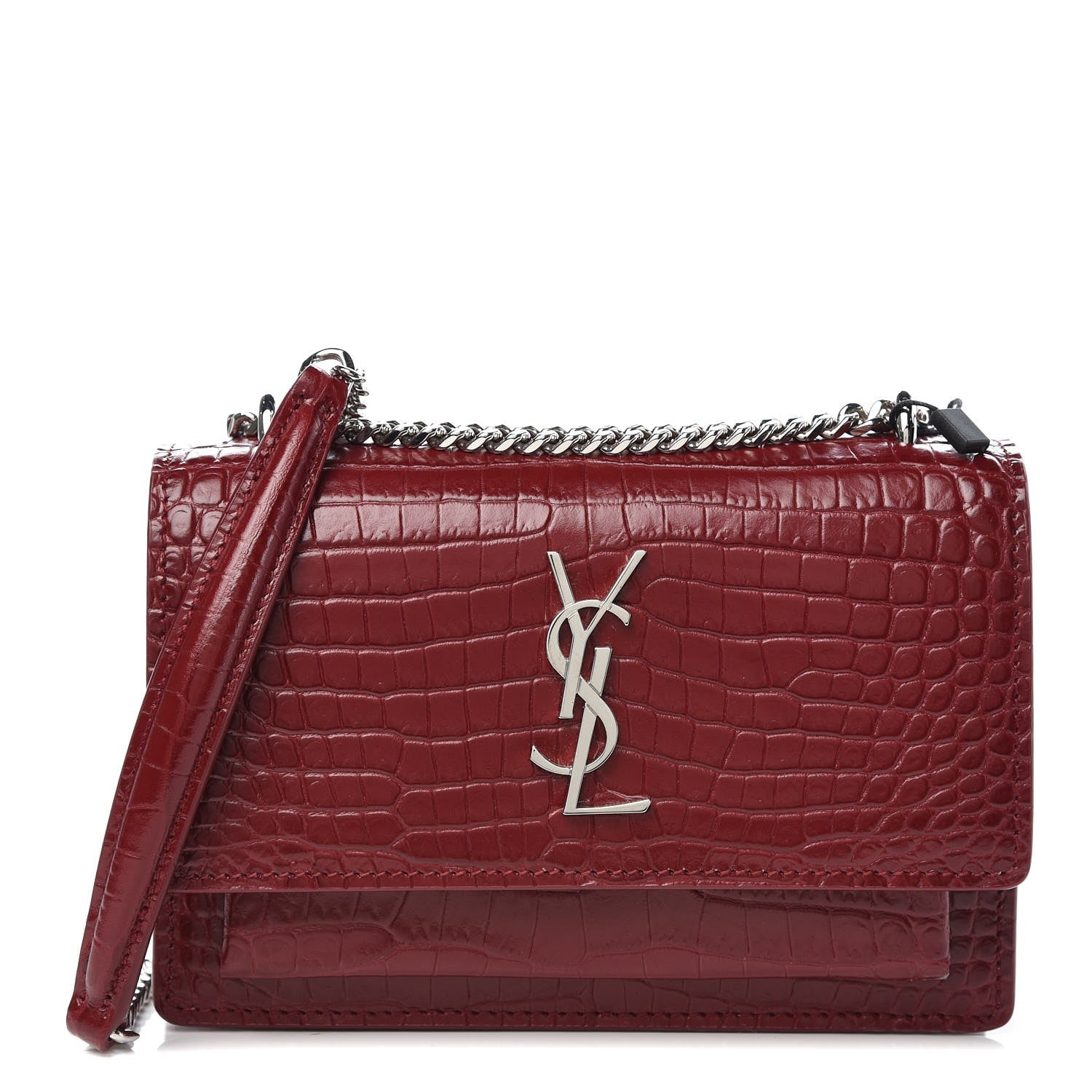 Saint Laurent Calfskin Crocodile Embossed Monogram Sunset Chain Wallet Dark Red 1 of 6