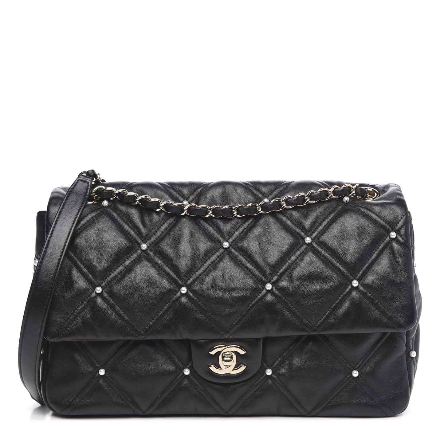 Lambskin Quilted Pearl Studded Flap Black