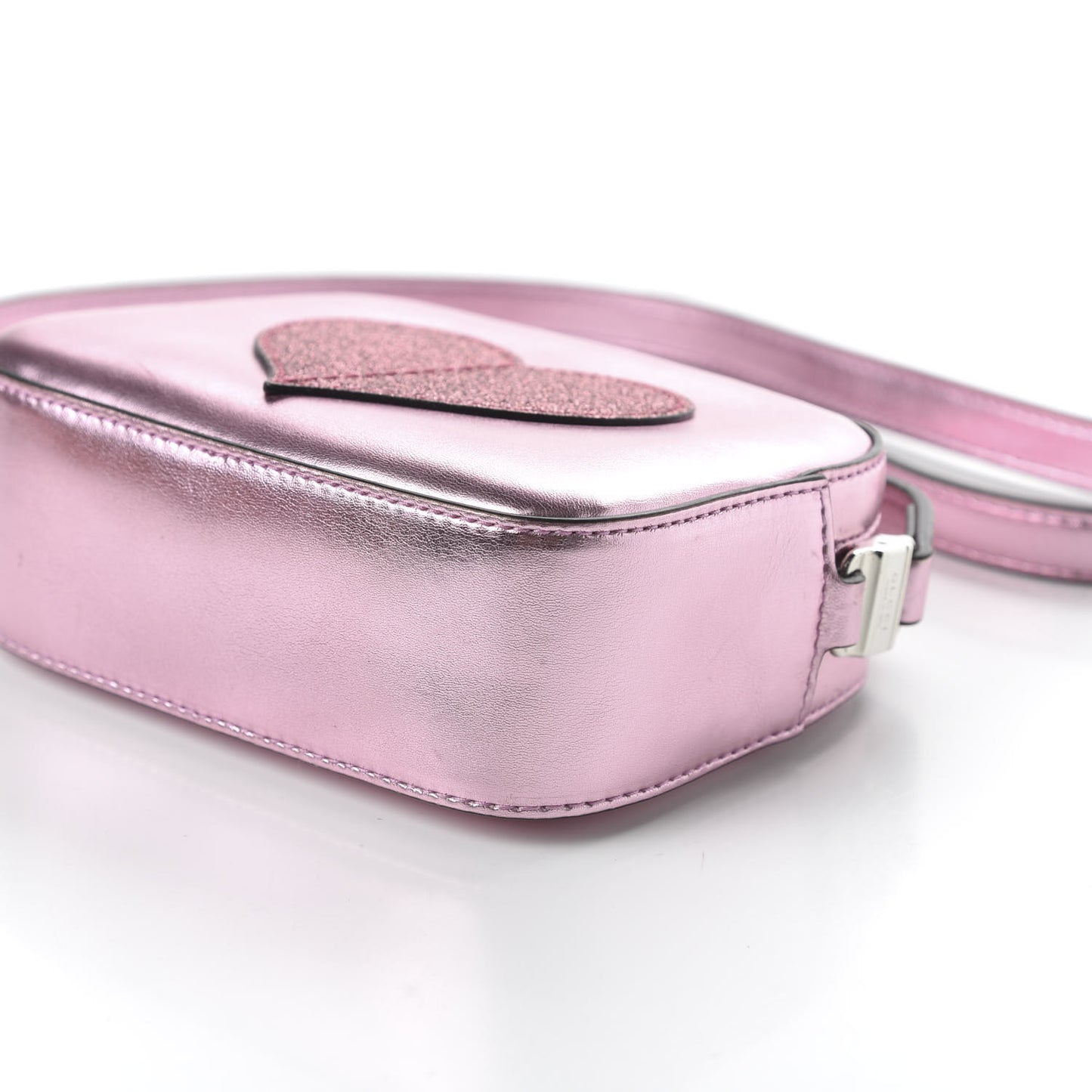Metallic Calfskin Children's Glitter Heart Messenger Bag Pink