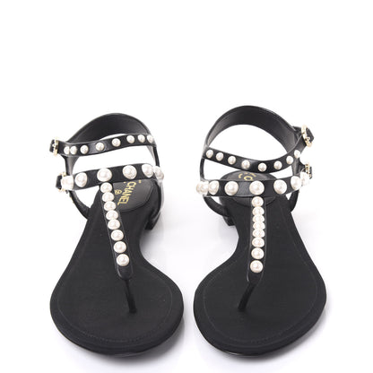 Chanel Lambskin Pearl Thong Sandals 37 Black 3 of 8