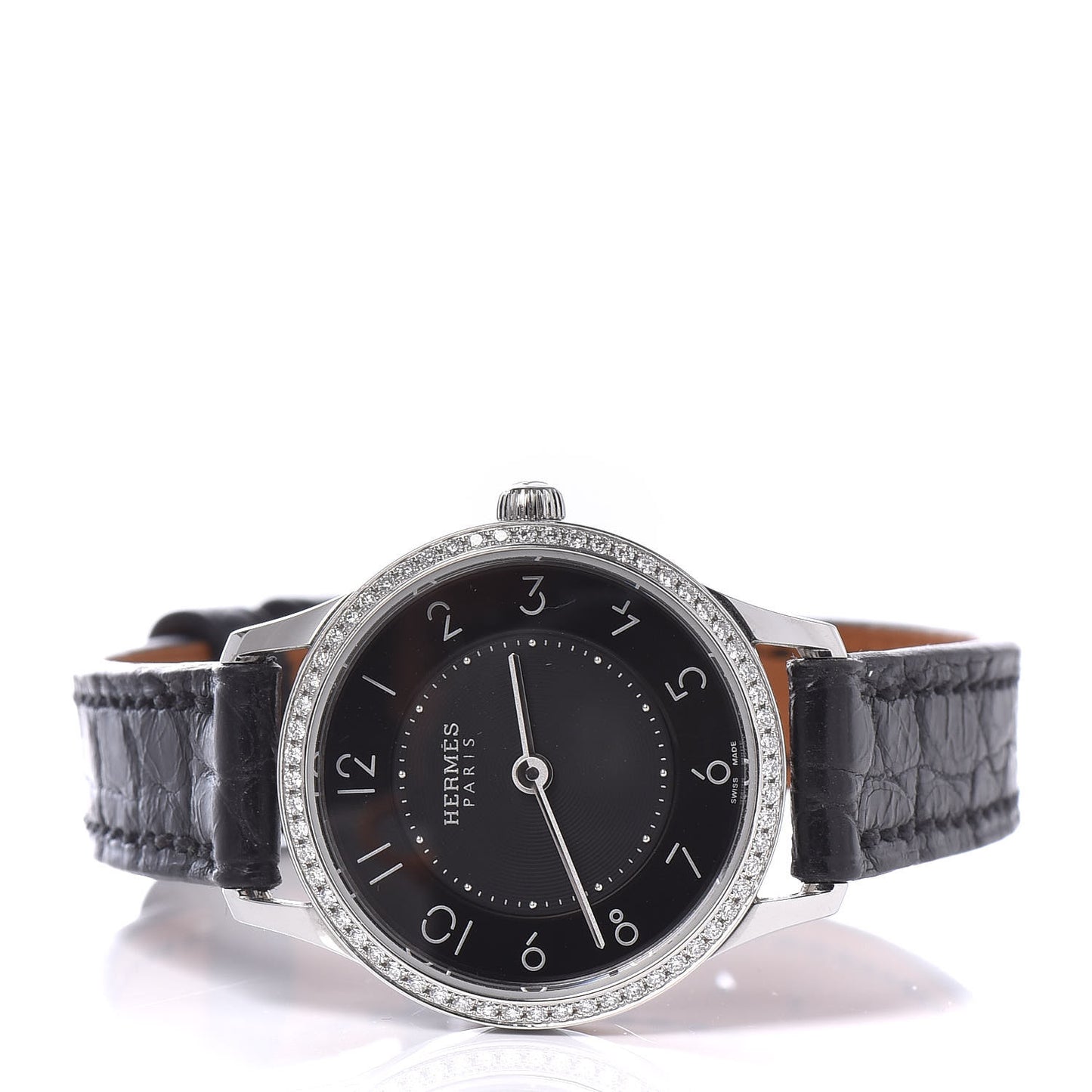 Stainless Steel Alligator Diamond 25mm Slim d'Hermes Quartz Watch Noir