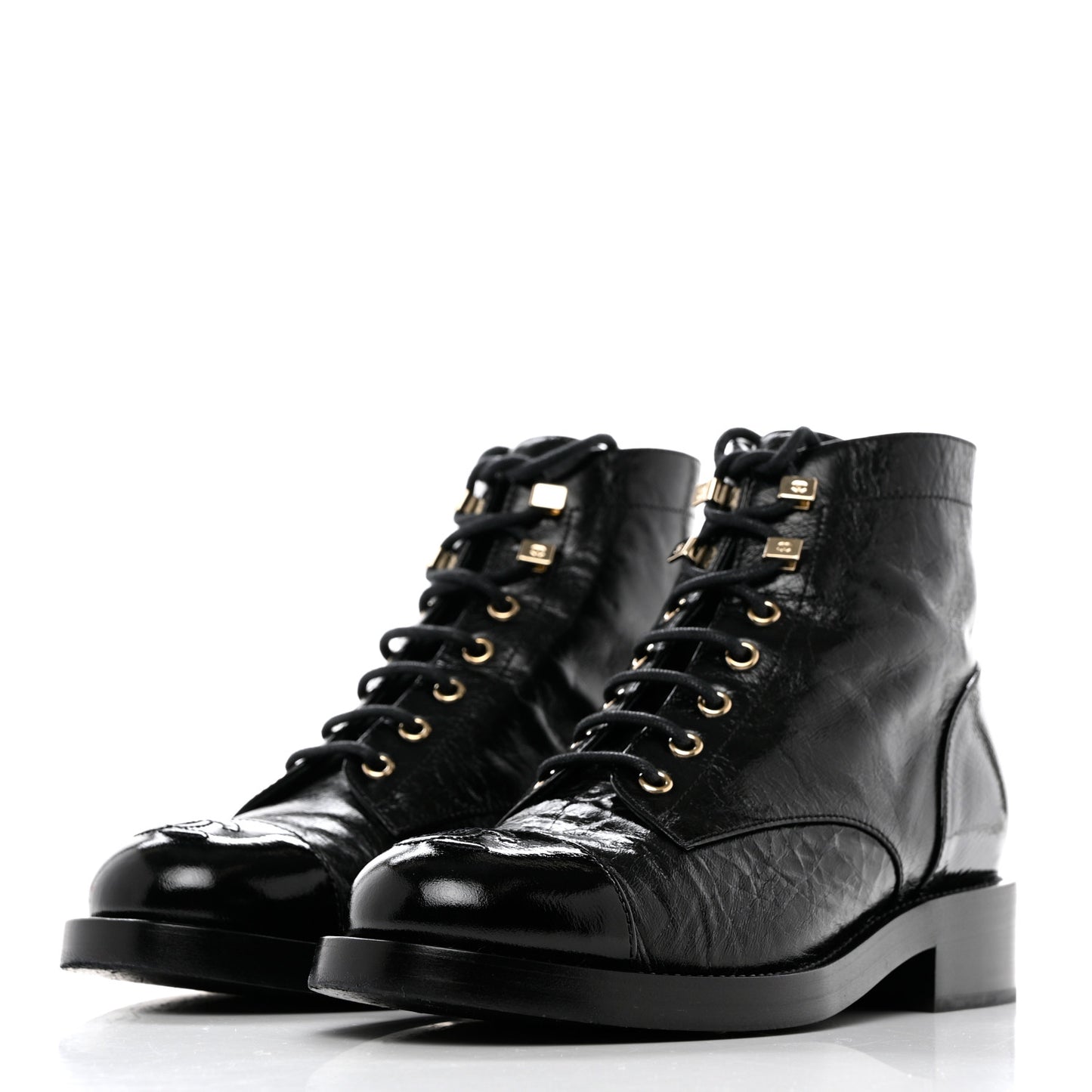 Crumpled Lambskin Shiny Calfskin Combat Boots 38 Black