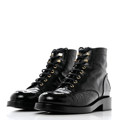 Chanel Crumpled Lambskin Shiny Calfskin Combat Boots 38 Black 3 of 9