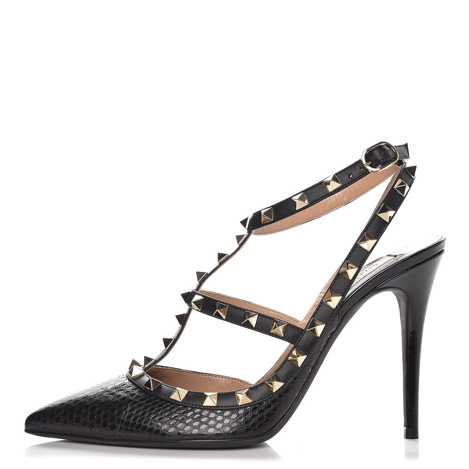 Valentino Garavani Glossy Python Rockstud Ankle Strap Pumps 39.5 Black 1 of 8
