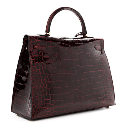Hermes Shiny Porosus Crocodile 18K Rose Gold Diamond Kelly Sellier 35 Bordeaux 3 of 10
