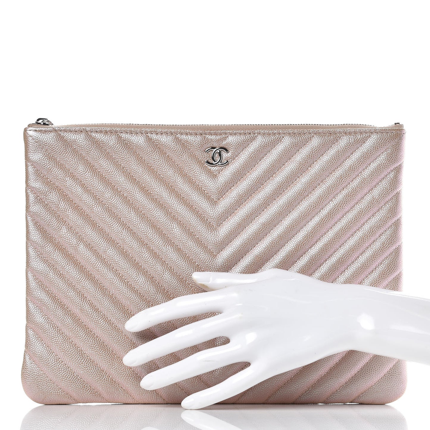 Iridescent Caviar Chevron Quilted Medium Cosmetic Case Light Gold
