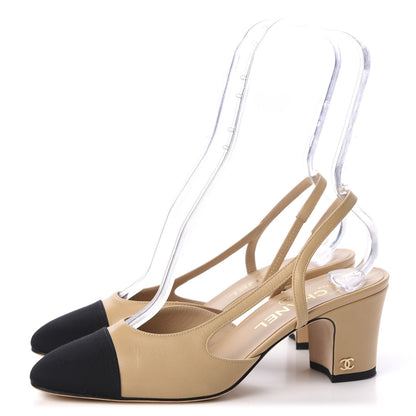 Chanel Goatskin Grosgrain Cap Toe CC Slingback Pumps 37.5 Beige Black 3 of 9