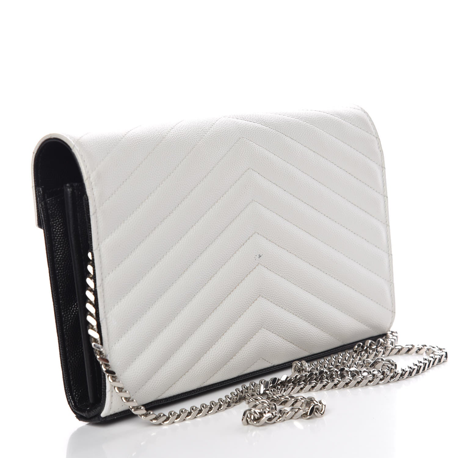 Saint Laurent Grain De Poudre Matelasse Chevron Bi-Color Monogram Chain Wallet White Black 3 of 13