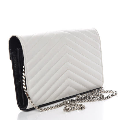 Saint Laurent Grain De Poudre Matelasse Chevron Bi-Color Monogram Chain Wallet White Black 3 of 13