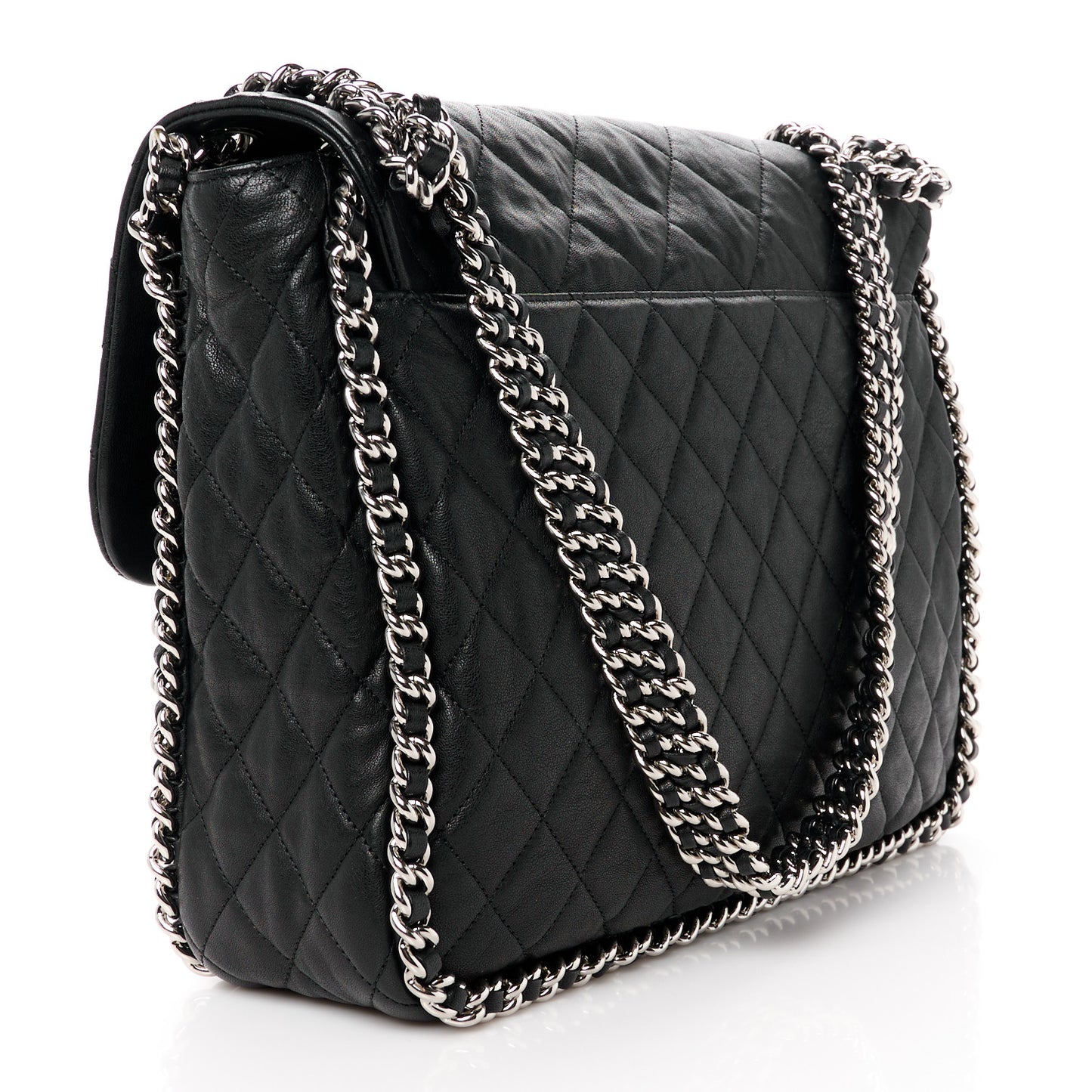 Washed Lambskin Quilted Maxi Chain Around Flap Black