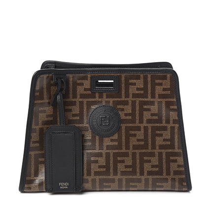 Fendi Glazed Fabric Vitello Century FF 1974 Stamp Patch Mini Peekaboo Defender Cover Mogano Panna Black 1 of 9