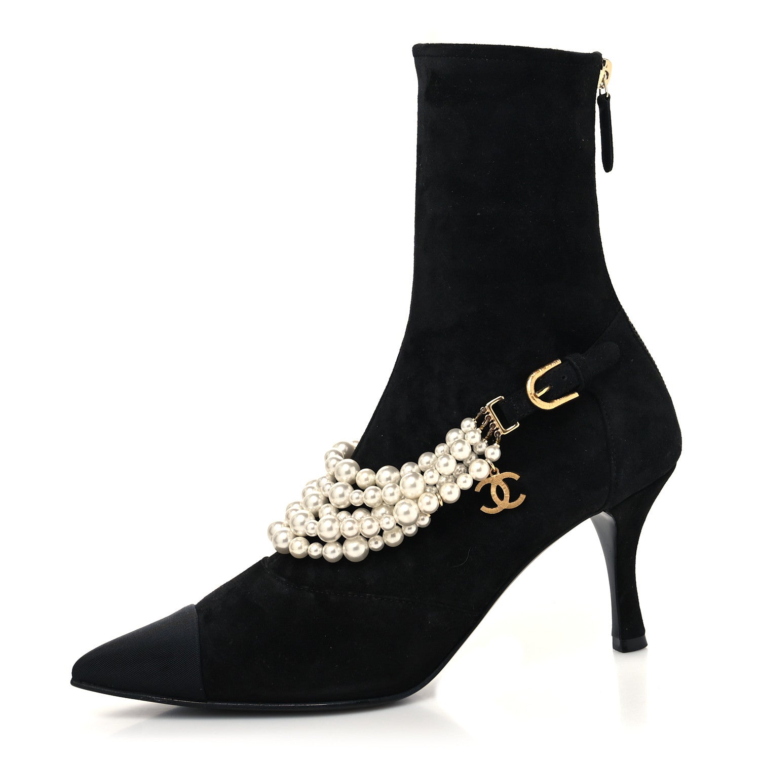 Chanel Stretch Suede Calfskin Grosgrain Pearl Multi Strand Cap Toe Ankle Boots 37 Black 1 of 7