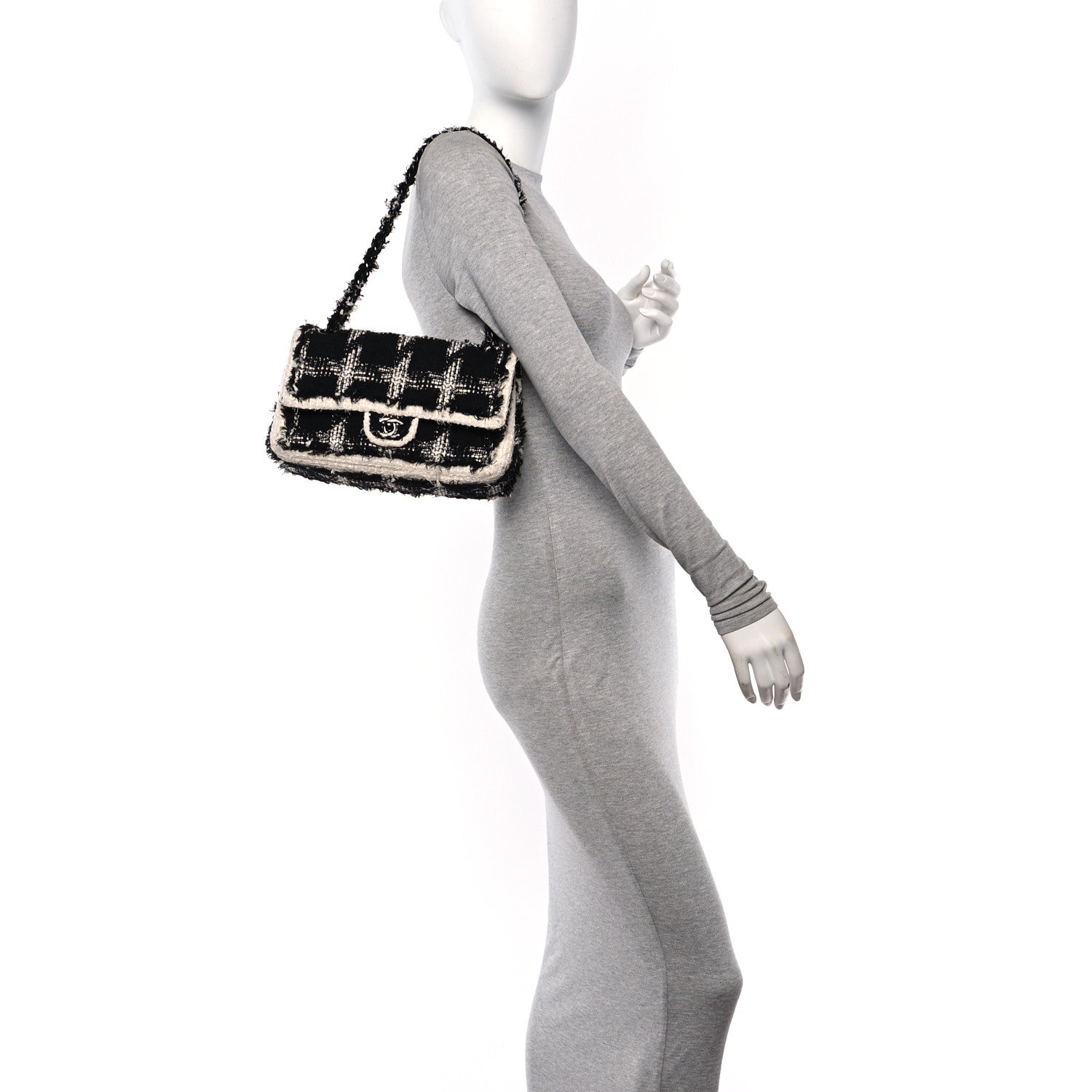 Chanel Tweed Quilted Tartan Medium Double Flap Black White 2 of 11