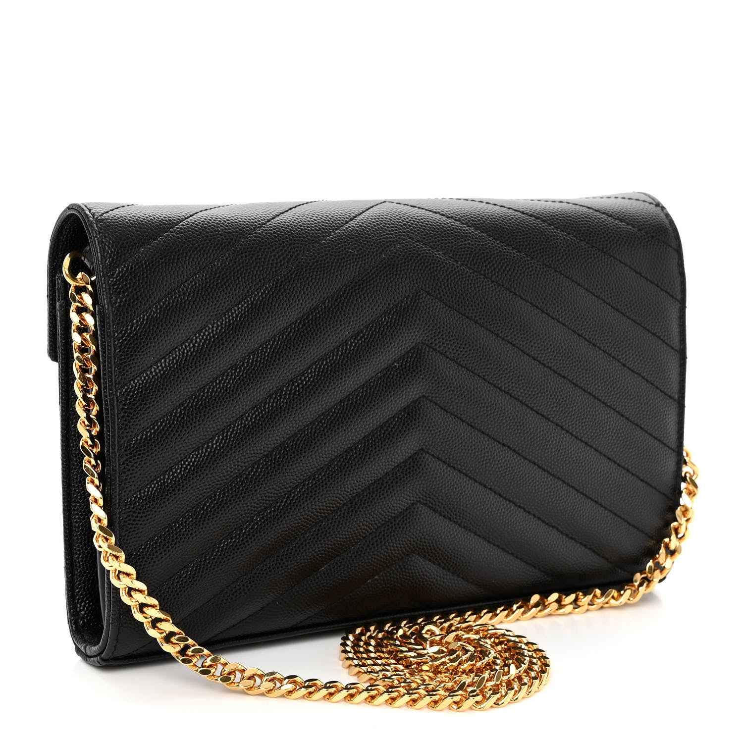 Saint Laurent Grain De Poudre Matelasse Chevron Monogram Chain Wallet Black 3 of 10