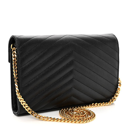 Saint Laurent Grain De Poudre Matelasse Chevron Monogram Chain Wallet Black 3 of 10