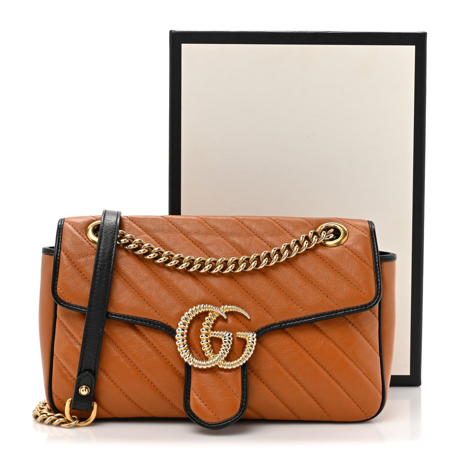 Gucci Vintage Effect Calfskin Matelasse Diagonal Small Torchon GG Marmont Shoulder Bag Cognac Black 13 of 13