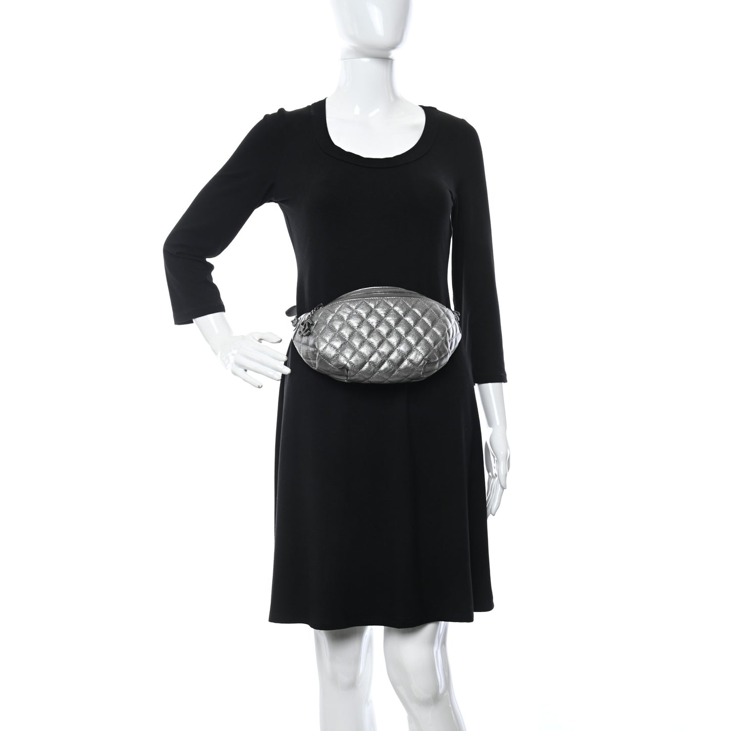 Metallic Calfskin Quilted Banane Waist Bag Fanny Pack Dark Silver