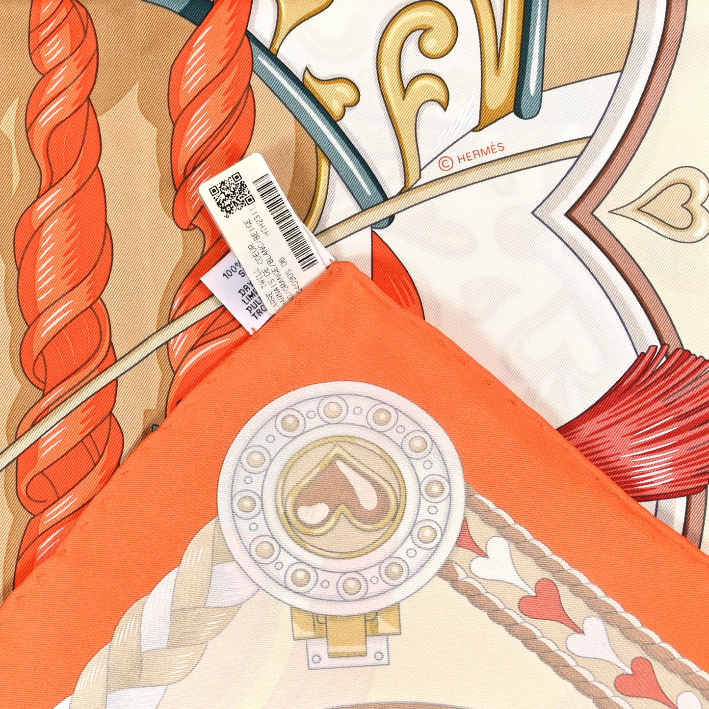 Silk Harnais De Cour Scarf 90 Orange White Beige