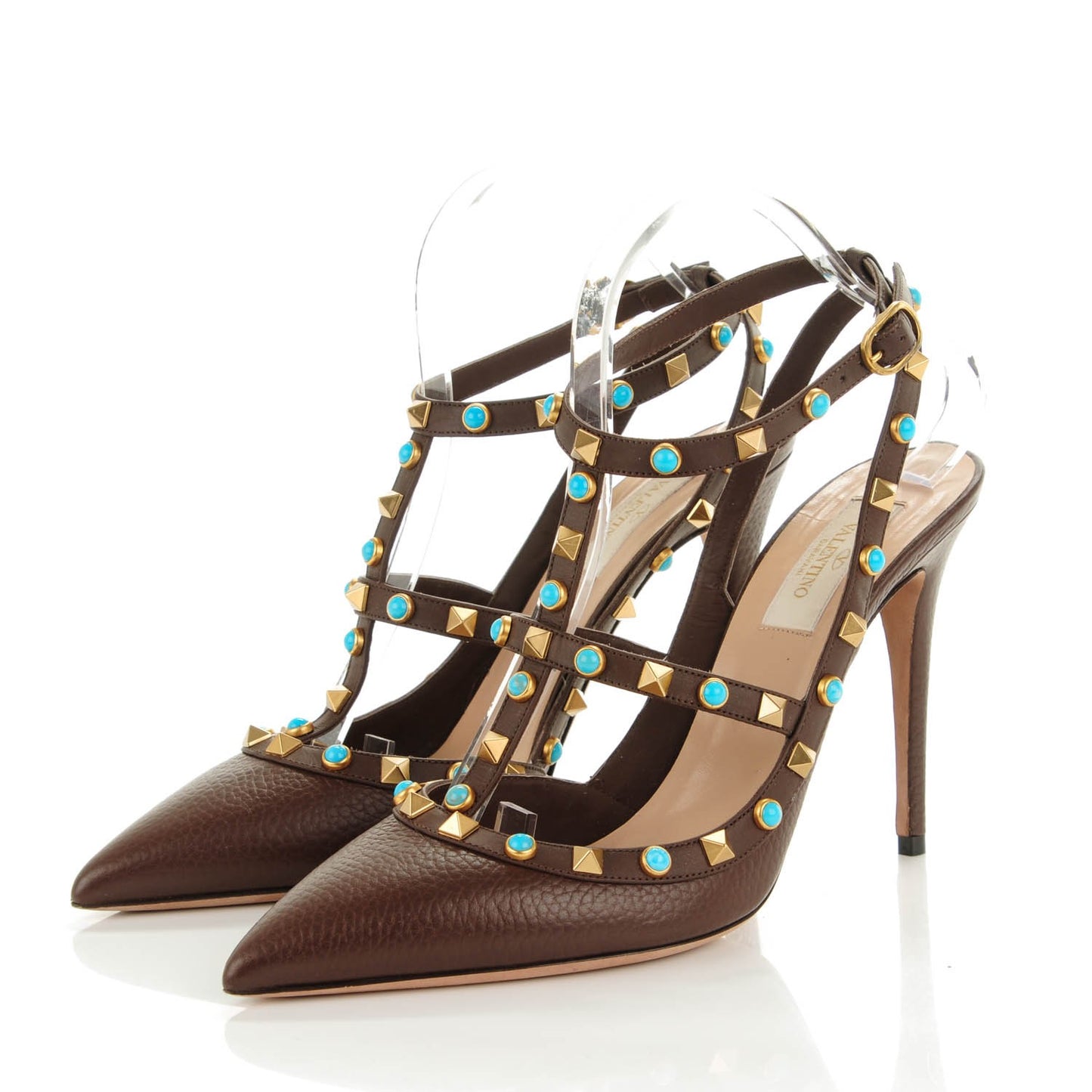 Pebbled Calfskin Turquoise Rockstud Rolling Ankle Strap 100mm Pumps 40 Cacao