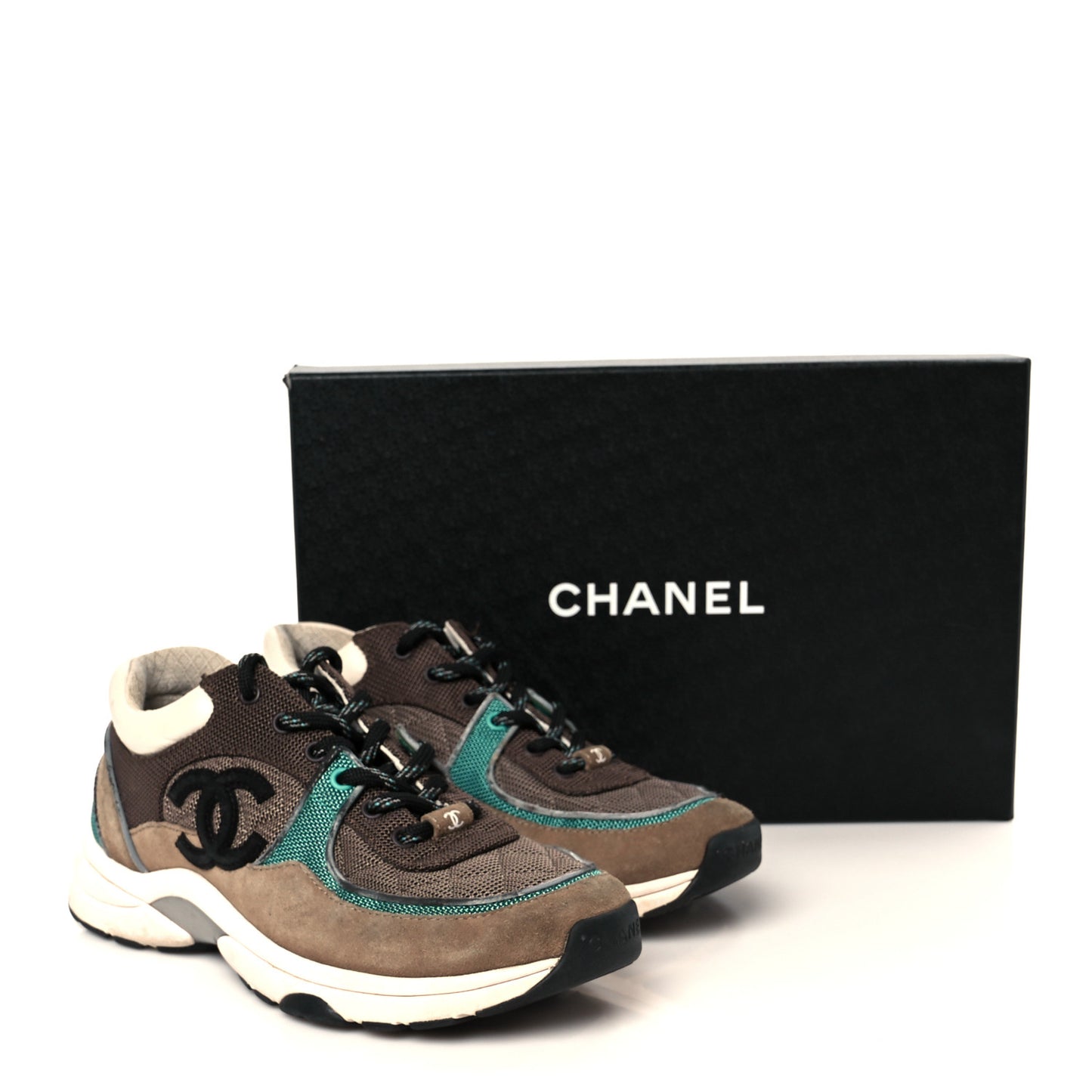 Nylon Calfskin Suede Womens CC Sneakers 37.5 Brown Green