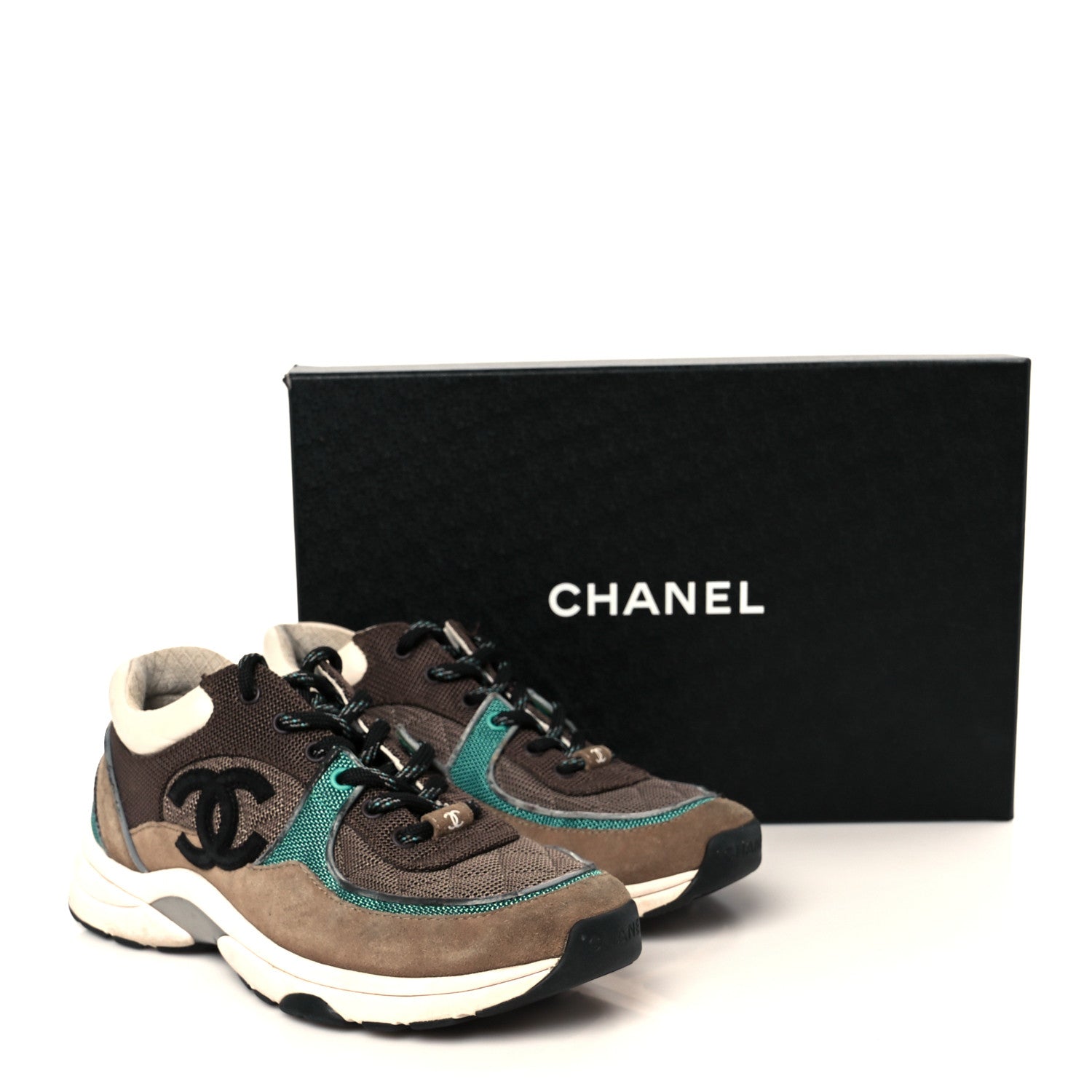 Chanel Nylon Calfskin Suede Womens CC Sneakers 37.5 Brown Green 11 of 11