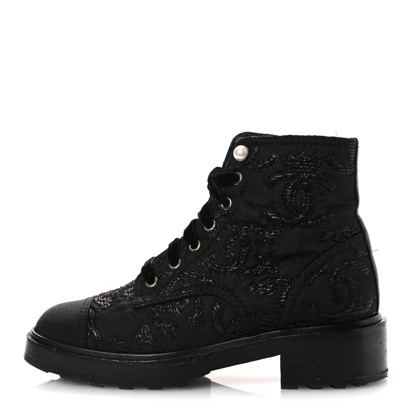 Grosgrain Tweed Pearl CC Combat Short Boots 39 Black