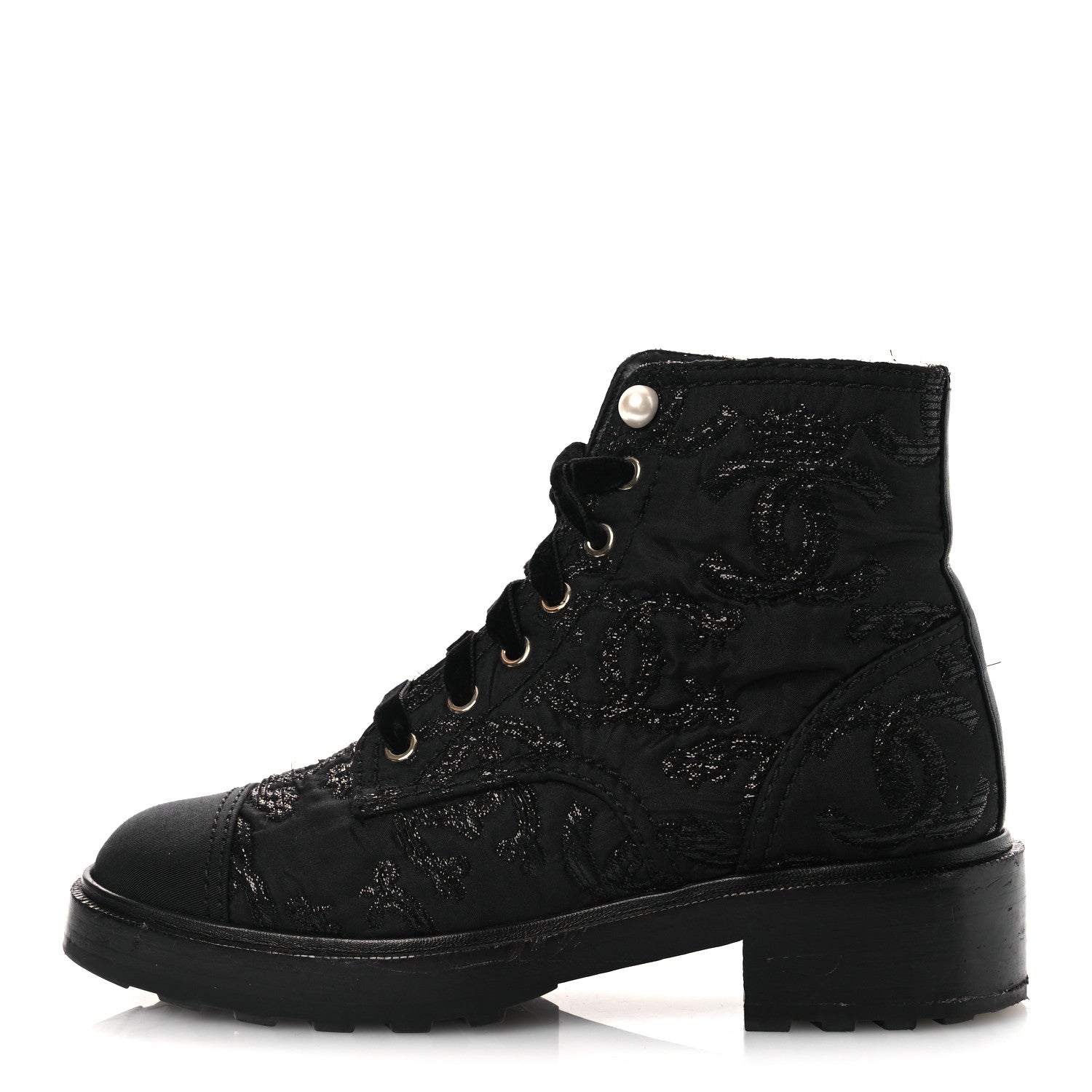Chanel Grosgrain Tweed Pearl CC Combat Short Boots 39 Black 1 of 13