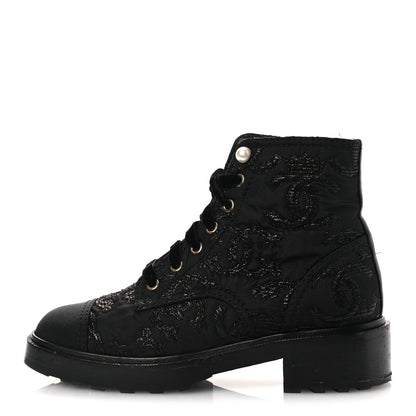 Chanel Grosgrain Tweed Pearl CC Combat Short Boots 39 Black 1 of 13