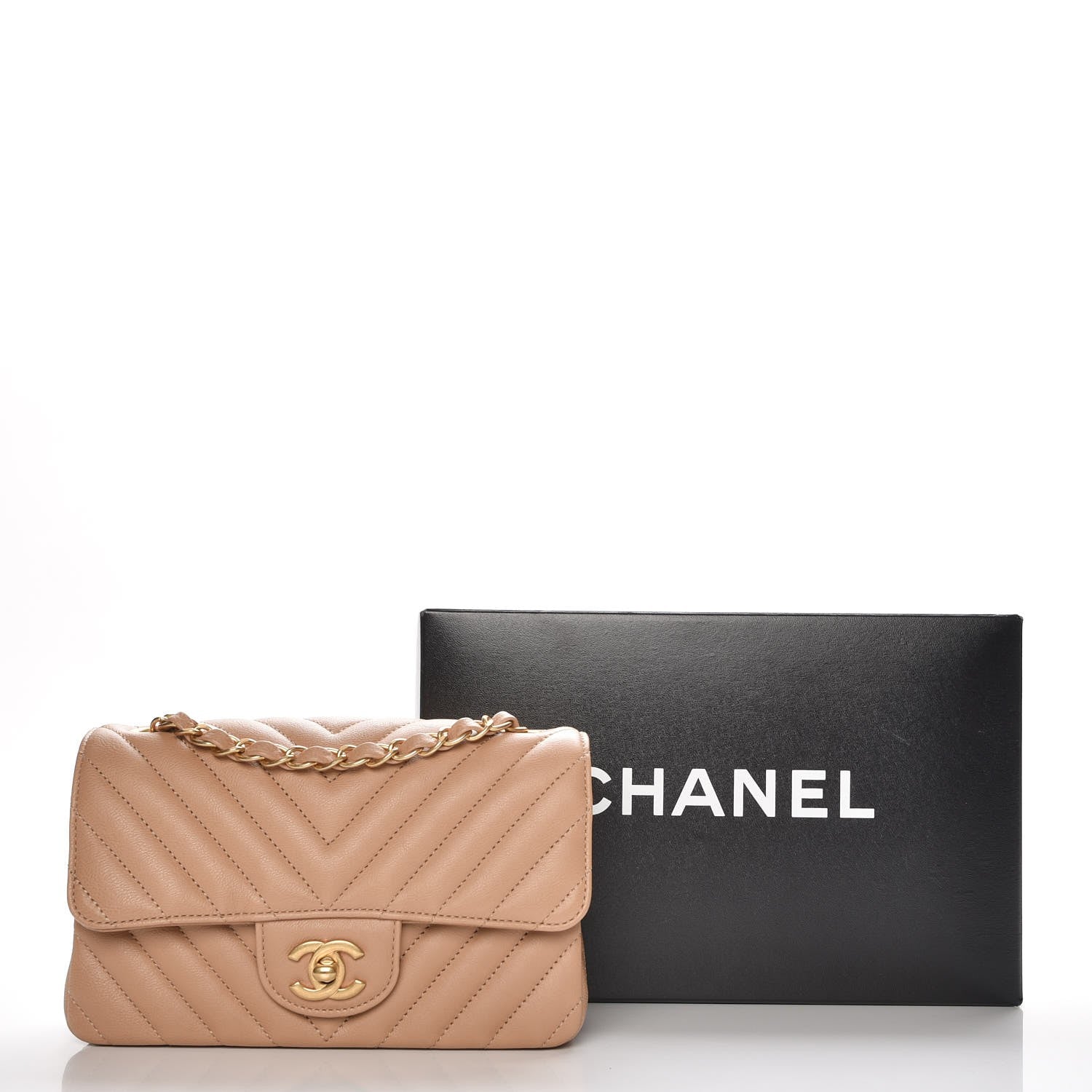 Chanel Calfskin Chevron Quilted Mini Rectangular Flap Dark Beige 8 of 8