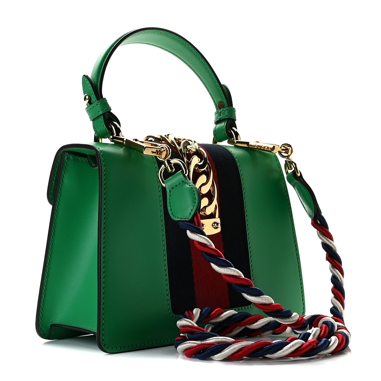 Gucci Vitello Fontanella Web Mini Sylvie Top Handle Bag Synthetic Green Garden 2 of 12