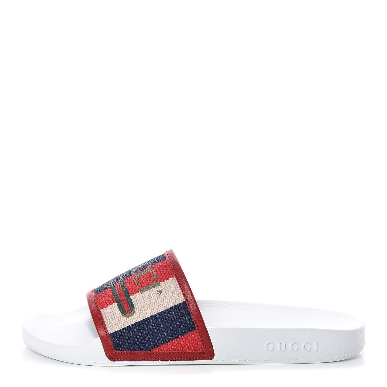 Gucci Canvas Sylvie Stripe Logo Mens Pursuit Slide Sandals 11 Mystic White Hibiscus Red Maritime 1 of 8