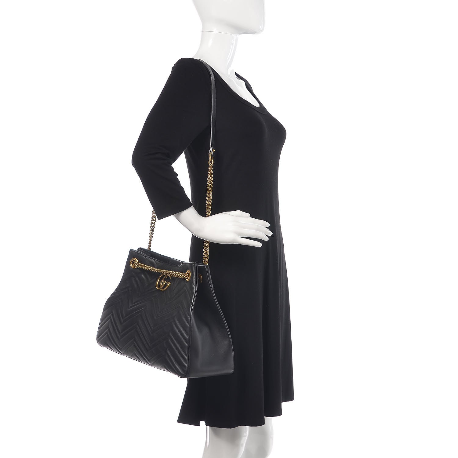 Gucci Calfskin Matelasse Medium GG Marmont Shoulder Tote Bag Black 2 of 11